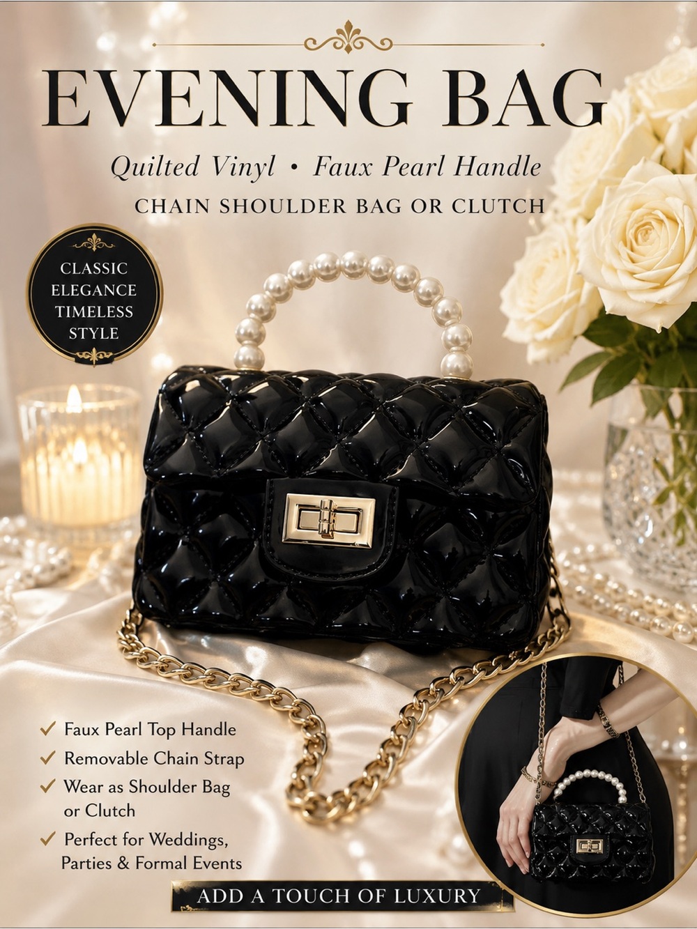 EVENING Bag Quilted Vinyl Exterior of Clutch Faux Pearl Top Handle‎